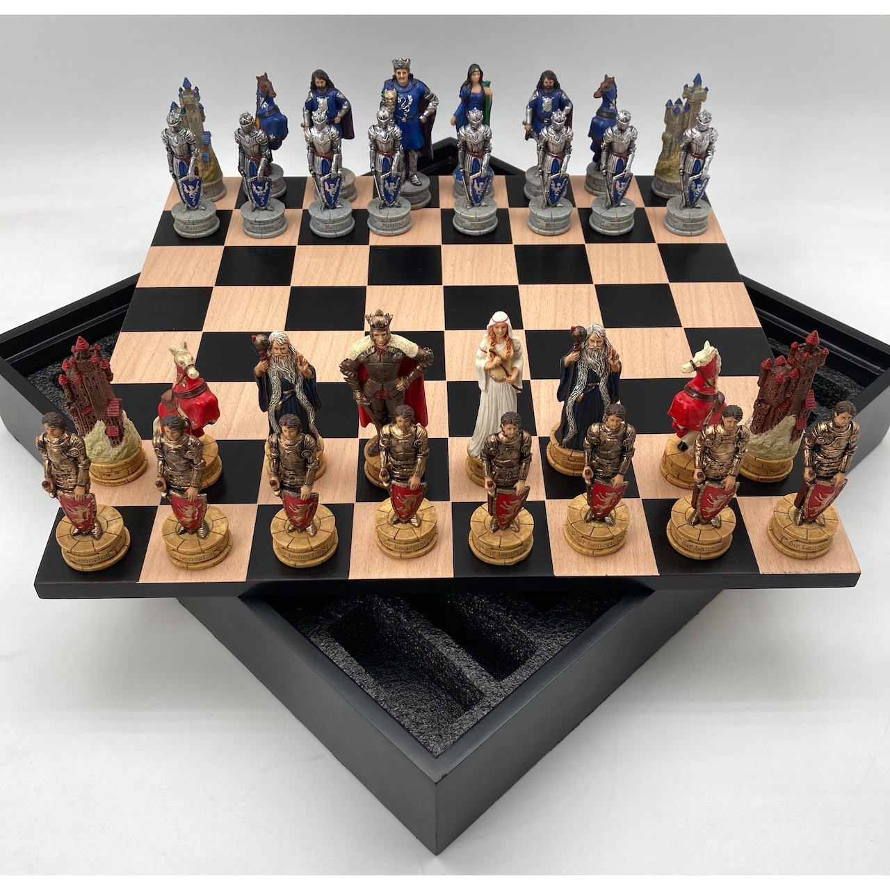 Chess Set - King Arthur Resin Chessmen in Black/Maple Chest