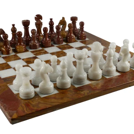 chess set red & white onyx in leather box